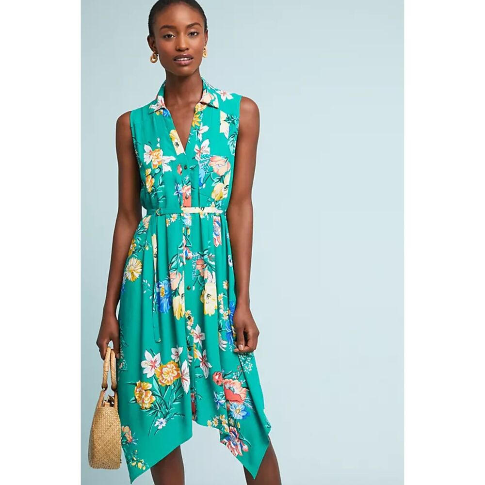 Maeve Anthropologie Rory Shirtdress Sleeveless Asymmetrical Green Floral 6P